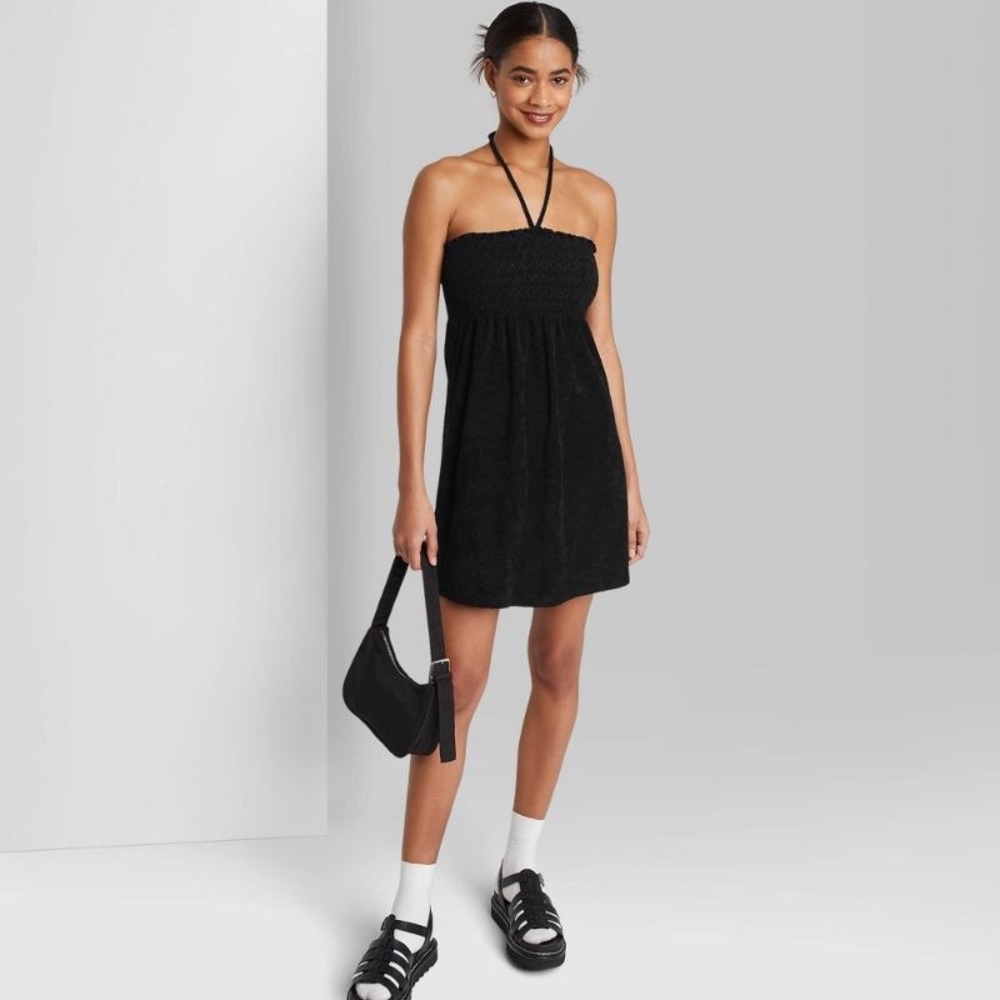 Wild Fable Womens Dress Sleeveless Smocked Terry Convertible Dress Black   S